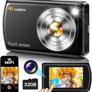AI Digital Camera, Cameras for Photography with WiFi, AI Recognizes Everything, Autofocus Digital Camera for Kids with Dual Lens 3.6″ IPS Touch Screen, 1080P Point and Shoot Cameras with 32 GB Card