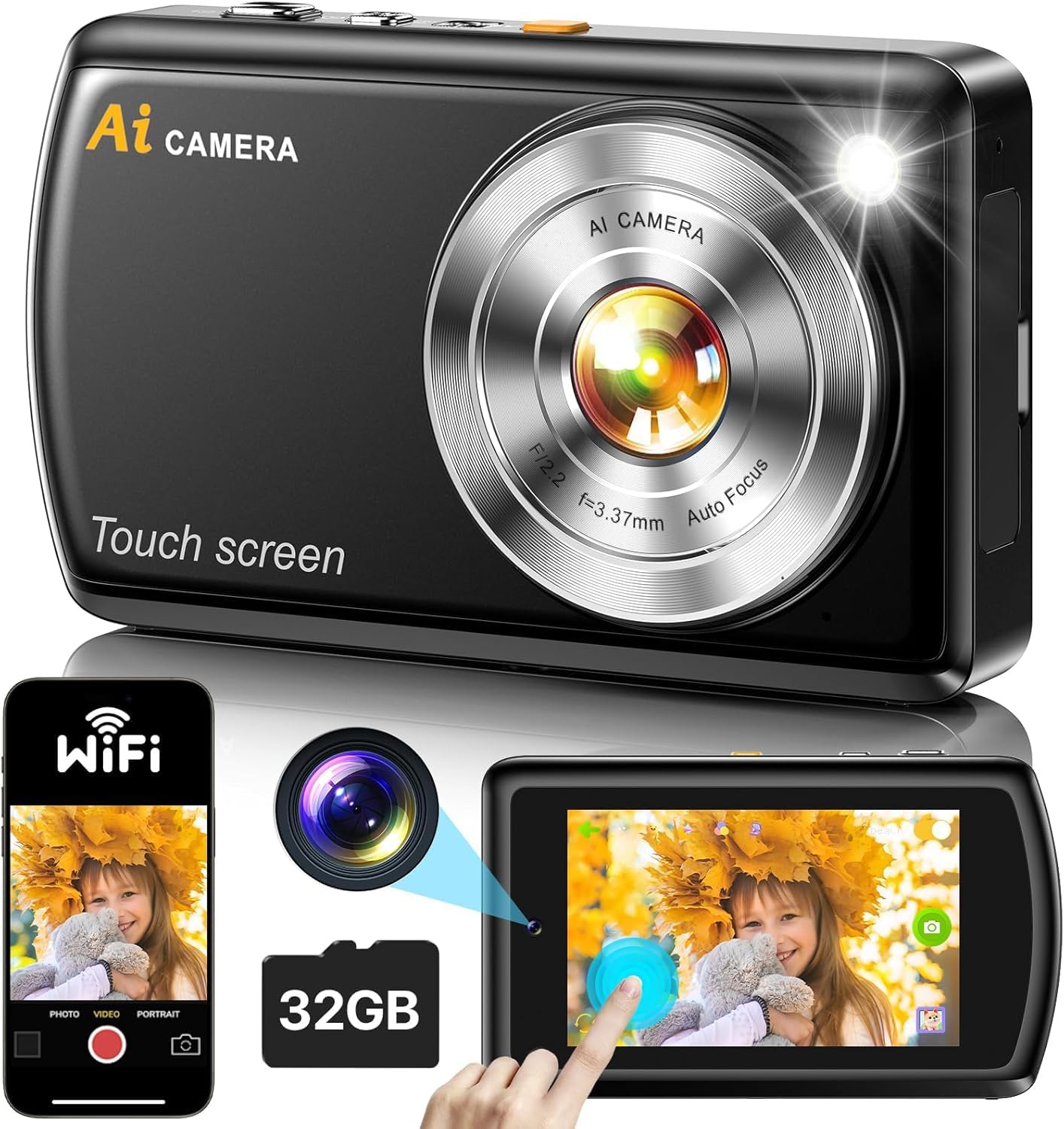 AI Digital Camera, Cameras for Photography with WiFi, AI Recognizes Everything, Autofocus Digital Camera for Kids with Dual Lens 3.6" IPS Touch Screen, 1080P Point and Shoot Cameras with 32 GB Card