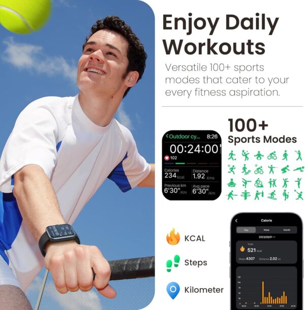 TOZO S3 Smart Watch for Men Women for iPhone&Android, 1.83" Fitness Tracker Bluetooth Call [Answer/Make], IP68 Waterproof Sleep Monitor, 100+ Sport Modes Black - Image 3