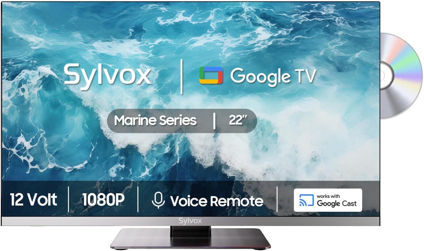 SYLVOX 12 Volt TV, 22" Smart Television with DVD Player Built in, 1080P Google OS ATSC NTSC WiFi Bluetooth HDMI USB, AC/DC Powered, 12V TV for RV Camper Boat Coastal Home (Marine Series)