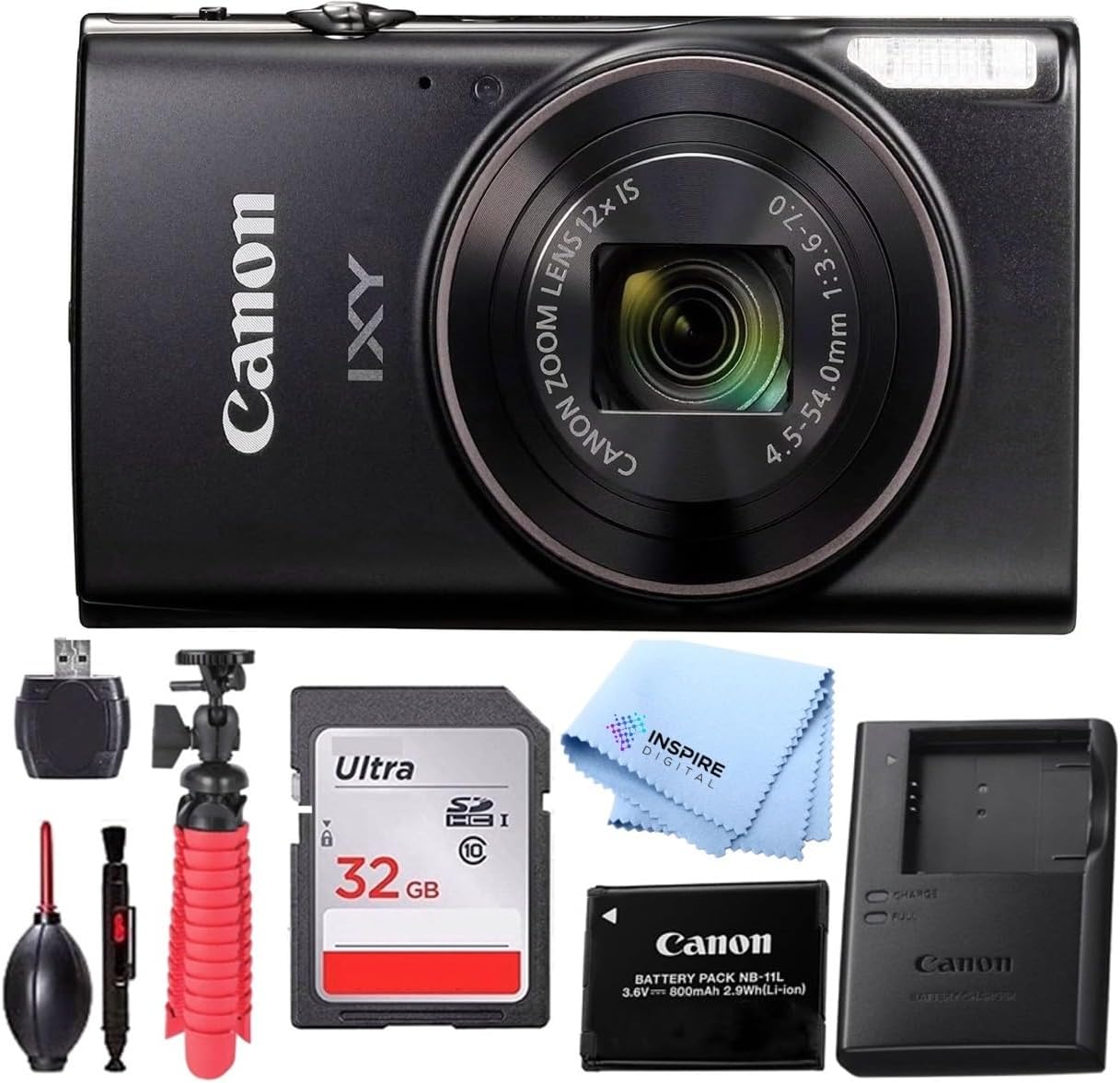 PowerShot IXY 650 (ELPH 360 HS) Digital Camera (Black) – 20.2MP Wi-Fi Enabled – Includes 32GB Memory Card, Flex Tripod & Full Accessory Bundle W/Inspire Digital Cloth (Renewed)