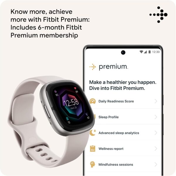 Fitbit Sense 2 Advanced Health and Fitness Smartwatch with Tools to Manage Stress and Sleep, ECG App, SpO2, 24/7 Heart Rate and GPS, Lunar White/Platinum, One Size (S & L Bands Included) - Image 6