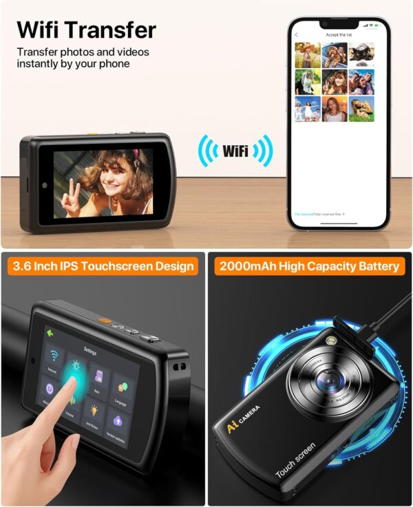 AI Digital Camera, Cameras for Photography with WiFi, AI Recognizes Everything, Autofocus Digital Camera for Kids with Dual Lens 3.6" IPS Touch Screen, 1080P Point and Shoot Cameras with 32 GB Card - Image 4