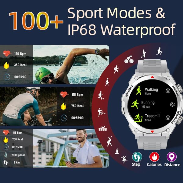 Military Smart Watch for Men (Answer/Make Call), 1.52" HD Smartwatch for Android Phones/iPhone, 100+ Sport Mode Fitness Tracker with Heart Rate, SpO2, Stress and Sleep Monitor, IP68 Waterproof - Image 4