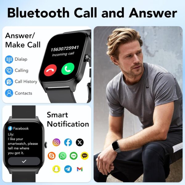 CASCHO Smart Watch for Men Women, 1.85" HD Fitness Tracker with Bluetooth Calls/Messages, IP68 Waterproof, 115+Sports Modes, 24/7 Heart Rate/Sleep Fitness Watch Compatible with iOS/Android (Black) - Image 2