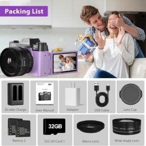4K Digital Camera for Photography & Vlogging, 56MP YouTube Camera with WiFi, 3″ 180° Flip Screen, 16X Digital Zoom, 52mm Wide Angle & Macro Lens, 32GB TF Card, 2 Batteries – Purple