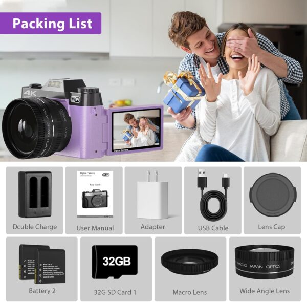 4K Digital Camera for Photography & Vlogging, 56MP YouTube Camera with WiFi, 3" 180° Flip Screen, 16X Digital Zoom, 52mm Wide Angle & Macro Lens, 32GB TF Card, 2 Batteries – Purple - Image 2