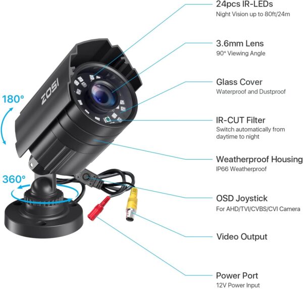 ZOSI 1080P CCTV Camera Outdoor Indoor Hybrid 4 in 1 HD TVI/CVI/AHD/CVBS Home Security Cameras System,Night Vision,Waterproof Metal Housing Bullet Cam For 960H,720P,1080P,5MP,4K analog Surveillance DVR - Image 8