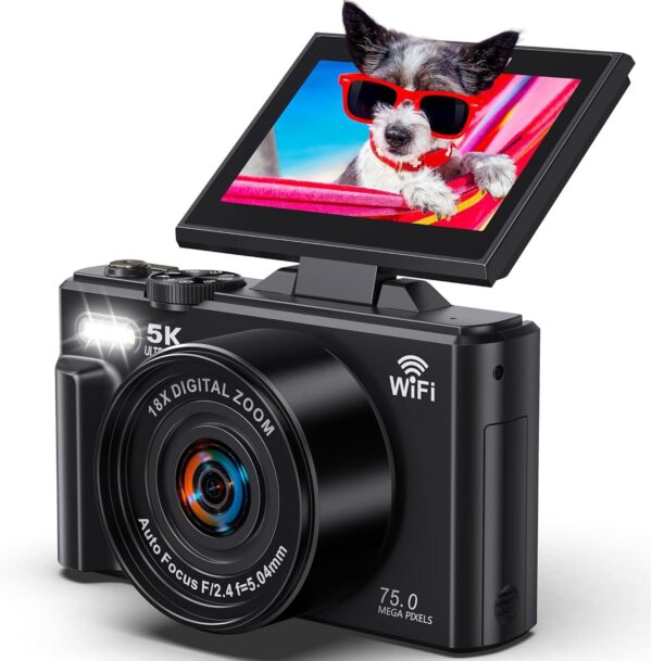 5K Digital Camera for Photography - WiFi 75MP Vlogging Cameras for YouTube - UHD Autofocus Video Camera 3" 180° Flip Screen with 18X Zoom - Compact Vlog Travel Camara with 32GB SD Card, 2 Batteries - Image 4