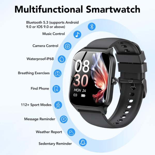 CASCHO Smart Watch for Men Women, 1.85" HD Fitness Tracker with Bluetooth Calls/Messages, IP68 Waterproof, 115+Sports Modes, 24/7 Heart Rate/Sleep Fitness Watch Compatible with iOS/Android (Black) - Image 7