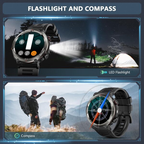Military Smart Watch for Men, 100 Days Battery/Led Flashlight/Compass/2 Straps/IP68 Waterproof Smart Watches for Men, Tactical Smart Watch Outdoor, Answer/Make Calls Fitness Tracker for iPhone/Android - Image 3