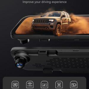 WOLFBOX G840S 12″ 4K Mirror Dash Cam Backup Camera, 5.8GHz WiFi Smart Rearview Mirror for Cars & Trucks, Front and Rear View Dual Cameras, Night Vision, Parking Assistance, Included 32GB Card & GPS