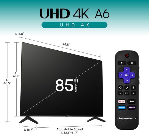 Hisense 85-Inch Class A6 Series 4K UHD Smart Roku TV (85A6NR, 2024 Model) - Dolby Vision HDR, DTS Studio Sound, Game Mode Plus, Alexa Compatibility, Black - Image 2