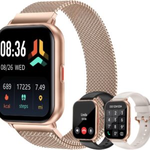 Smart Watches for Women Men (Answer/Make Calls, 3 Bands), 1.85″ Fitness Tracker Watch for iPhone/Android Phones with Heart Rate Monitor Sleep/Steps Tracker 100+ Sports Pedometer Waterproof Gold