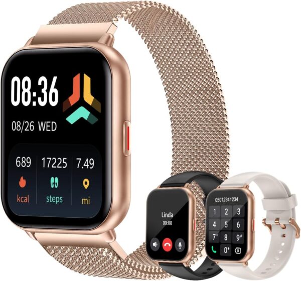 Smart Watches for Women Men (Answer/Make Calls, 3 Bands), 1.85" Fitness Tracker Watch for iPhone/Android Phones with Heart Rate Monitor Sleep/Steps Tracker 100+ Sports Pedometer Waterproof Gold