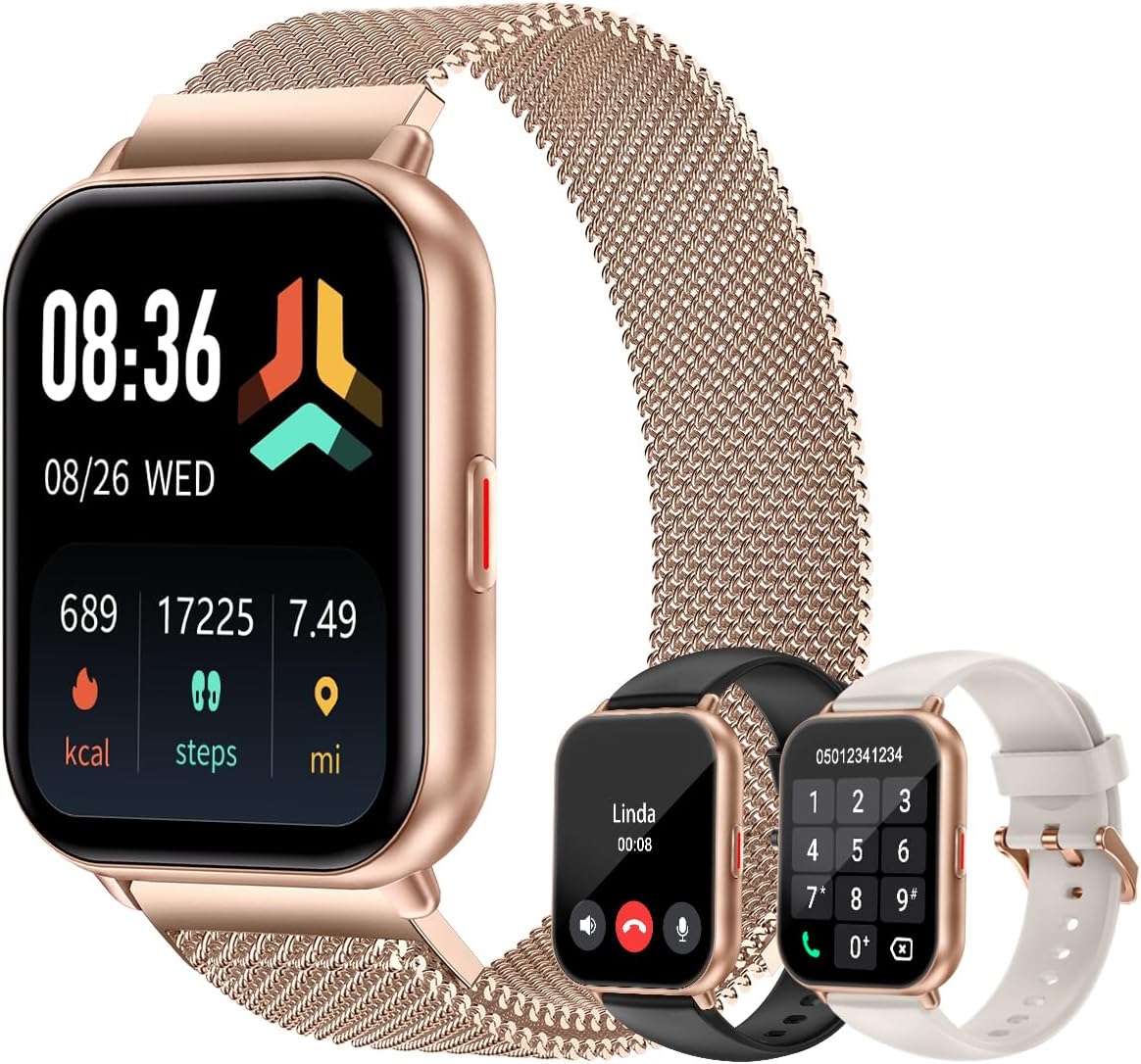 Smart Watches for Women Men (Answer/Make Calls, 3 Bands), 1.85" Fitness Tracker Watch for iPhone/Android Phones with Heart Rate Monitor Sleep/Steps Tracker 100+ Sports Pedometer Waterproof Gold