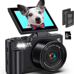 Digital Cameras for Photography 5K – 75MP Vlogging Camera for YouTube WiFi – UHD Autofocus Vlog Camera 3″ 180° Flip Screen with 18X Zoom – Travel YouTube Camera Compact with 32GB SD Card, 2 Batteries