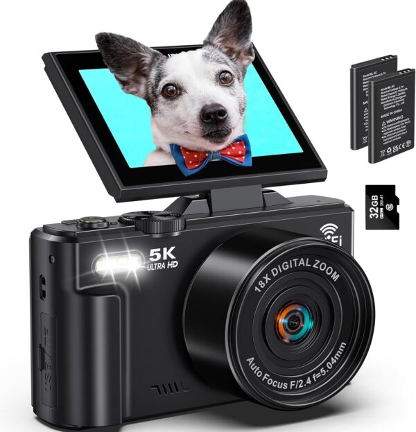 Digital Cameras for Photography 5K - 75MP Vlogging Camera for YouTube WiFi - UHD Autofocus Vlog Camera 3" 180° Flip Screen with 18X Zoom - Travel YouTube Camera Compact with 32GB SD Card, 2 Batteries