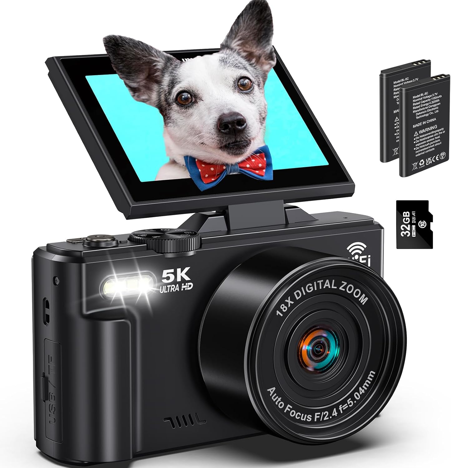 Digital Cameras for Photography 5K - 75MP Vlogging Camera for YouTube WiFi - UHD Autofocus Vlog Camera 3" 180° Flip Screen with 18X Zoom - Travel YouTube Camera Compact with 32GB SD Card, 2 Batteries