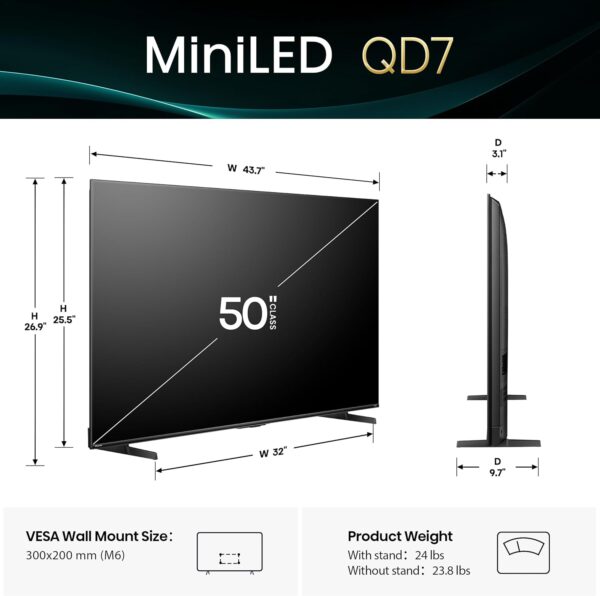 Hisense 50" Class QD7 Series Mini-LED 4K UHD Smart Fire TV (50QD7QF, 2025 Model) - QLED, HDR10+, Dolby Vision, Dolby Atmos, Game Mode Plus, ALLM, Alexa Built in with Voice Remote, Streaming TV, Black - Image 2