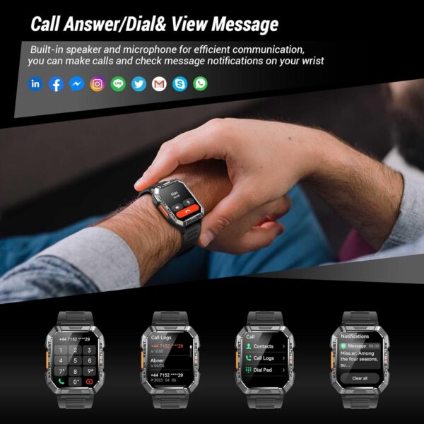 Military Smart Watch for Men (Answer/Make Calls), 2.01'' Smart Watch for Android and iPhone, Fitness Tracker with Flashlight/Compass/100 Days Battery/Heart Rate/Sleep/100+ Sport Modes(2 Straps) - Image 5