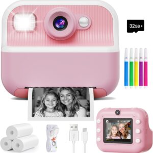 Instant Camera, Front Rear Dual Selfie Kids Camera with 1080P Videos, Holiday Birthday Gifts for Kids Age 3-12, Toddler Portable Travel Print Digital Camera Toy for 4 5 6 7 8 9 Year Boys Girls