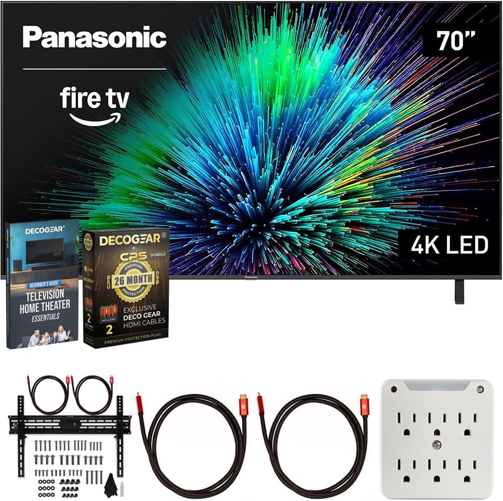 Panasonic TV-70W70BP W70 Series 70 inch LED 4K Ultra HD Smart Fire TV Bundle with 2X HDMI 2.0 Cable, TV Wall Mount, 6-Outlet Surge Adapter, Theater Essentials and Exclusive 26 Month Protection Pack