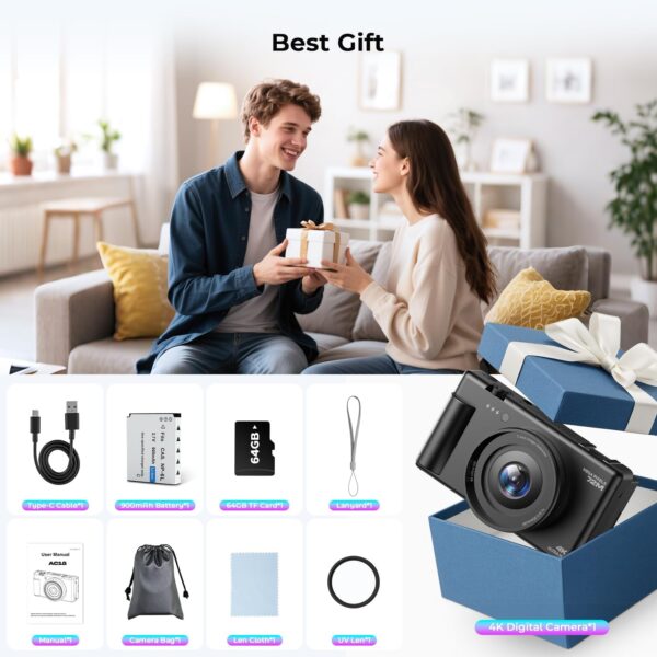 4K Digital Camera for Photography, 72MP Autofocus Vlogging Cameras for YouTube with 64GB SD Card and Battery, 18X Digital Zoom 2.8" 270° Flip Screen Compact Travel Camera for Teens - Image 8