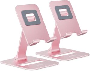 Read more about the article Nulaxy 2 Pack Dual Folding Cell Phone Stand, Fully Adjustable Phone Holder for Desk, Compatible with iPhone 16 15 14 13 12 11, Nintendo Switch, All Phones, Rose Gold