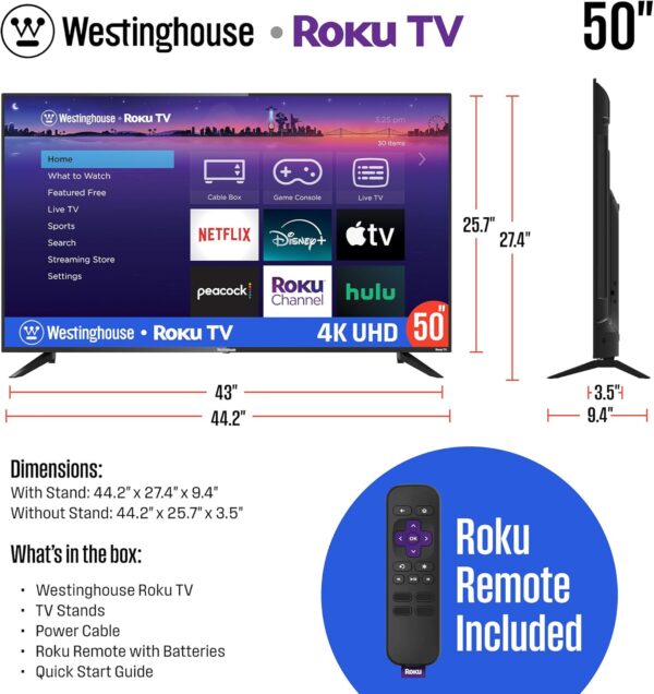 Westinghouse Roku TV - 50 Inch Smart TV, 4K UHD Television with Wi-Fi Connectivity and Mobile App, LED Flat Screen Compatible with Apple HomeKit, Alexa and Google Assistant - Image 6