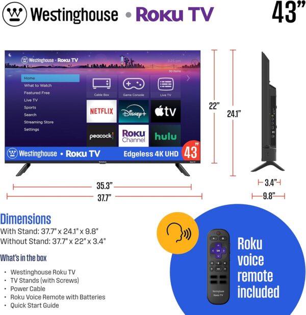 Westinghouse Edgeless Roku TV - 43 Inch Smart Television, 4K LED UHD w/HDR 10, Wi-Fi & Mobile App Connectivity, Flat Screen Compatible w/Apple AirPlay, Alexa, & Google Assistant - Image 6