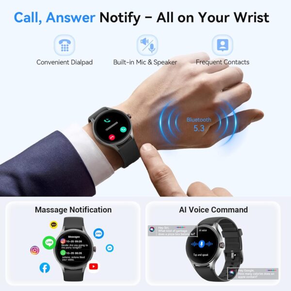 Fitpolo Smart Watches for Men/Women (2 Bands), 40mm Round Smartwatch Fitness Tracker with Bluetooth Calls (Make/Answer), Heart Rate/SpO2/Sleep Monitor, 7 Days Battery, IP68 Waterproof - Black - Image 3