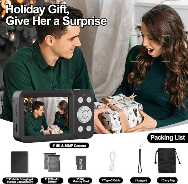 Upgraded 5K Dual Screen Digital Camera,80MP Vlog Photography Camera for YouTube,Campus,Travel,Compact Point & Shoot Camera for Teens & Beginners with Autofocus,18x Zoom,Anti-Shake,Black - Image 6