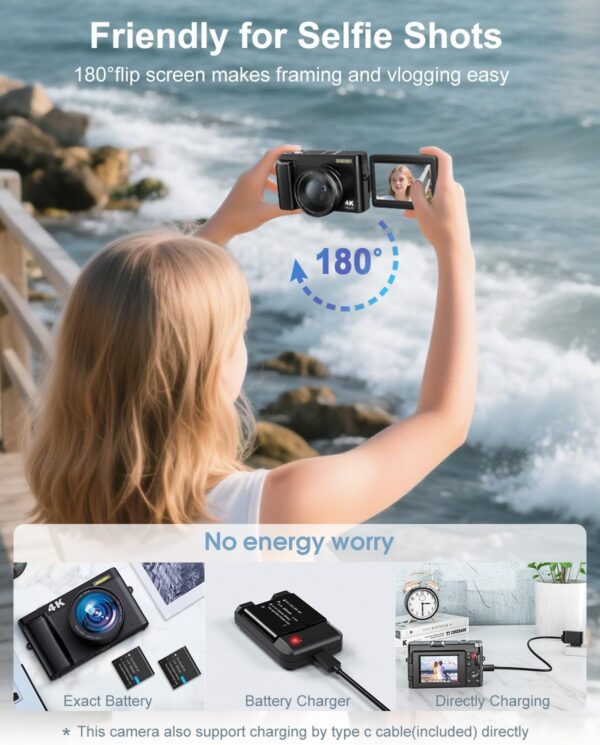 4K Digital Camera for Photography, Autofocus 48MP Vlogging Camera with Flash, 3" 180° Flip Screen, 16X Zoom, 32GB Card and Battery Charger, Point and Shoot YouTube Camera for Teens, Adults, Beginners - Image 5