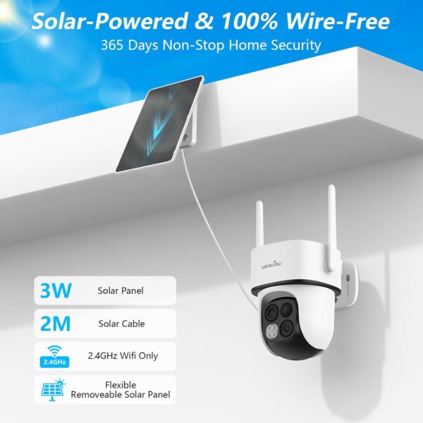 wansview Solar Camera Outdoor Wireless-2K 360°PTZ Cameras for Home Security with Dual Lens, Solar Panel/Battery Powered, PIR Detection, Color Night Vision, 2.4Ghz Wi-Fi Only, Works with Alexa, B7 1P W - Image 3
