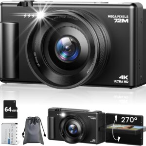 4K Digital Camera for Photography, 72MP Autofocus Vlogging Cameras for YouTube with 64GB SD Card and Battery, 18X Digital Zoom 2.8″ 270° Flip Screen Compact Travel Camera for Teens