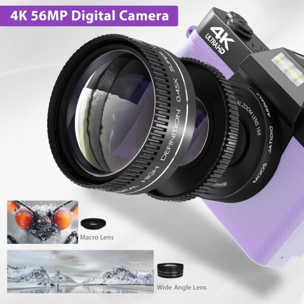 4K Digital Camera for Photography & Vlogging, 56MP YouTube Camera with WiFi, 3" 180° Flip Screen, 16X Digital Zoom, 52mm Wide Angle & Macro Lens, 32GB TF Card, 2 Batteries – Purple - Image 8