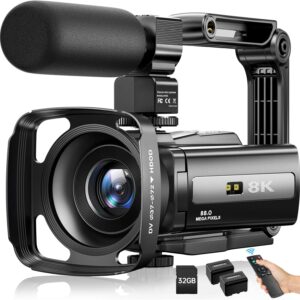 8K Video Camera Camcorder 88MP UHD WiFi Vlogging Cameras for YouTube 18X Digital Zoom IR Night Vision 3.0”Touch Screen Camera with 32GB Card, Microphone, Stabilizer, Lens Hood, Remote, Batteries
