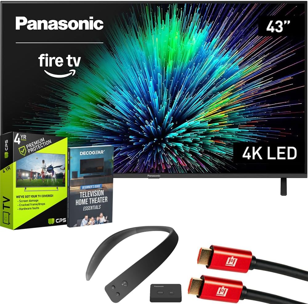 Panasonic TV-43W70BP W70 Series 43 inch LED 4K Ultra HD Smart Fire TV Bundle with WN10 Neck Speaker, 4 YR CPS Enhanced Protection, 2X HDMI Cable & Deco Gear Complete Home Theater Beginner's Guidebook
