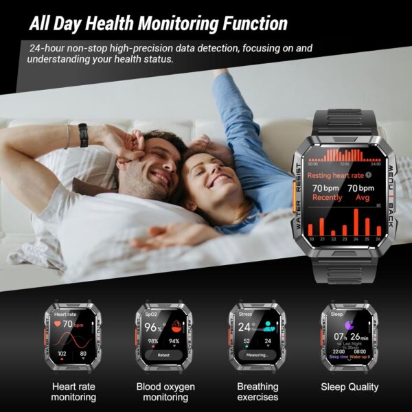 Military Smart Watch for Men (Answer/Make Calls), 2.01'' Smart Watch for Android and iPhone, Fitness Tracker with Flashlight/Compass/100 Days Battery/Heart Rate/Sleep/100+ Sport Modes(2 Straps) - Image 7