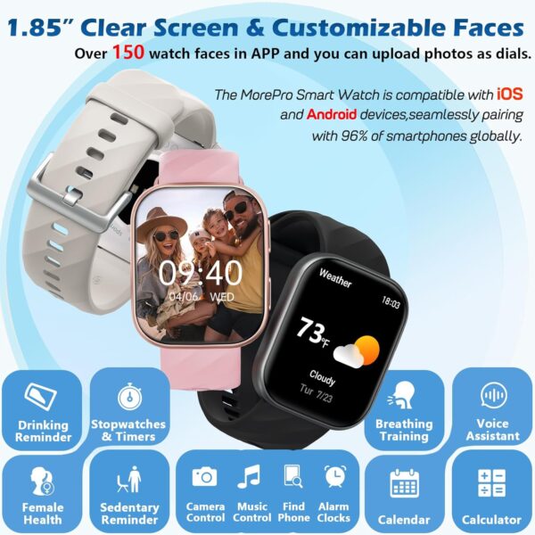 MorePro Smart Watch for Men Women(Make/Answer Call), 1.85" Smartwatch with 24/7 Heart Rate & Blood Pressure Monitor, Blood Oxy-gen Sleep Tracking, 120+ Sports Fitness Trackers for iPhone Android - Image 7