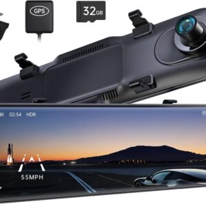 Pelsee P12 Pro 4K Mirror Dash Cam, 12” Rear View Mirror Camera Smart Driving Assistant w/ADAS and BSD,2160P Front and 1080P Rear Camera,Voice Control,Night Vision,Parking Monitoring, 32G Memory Card