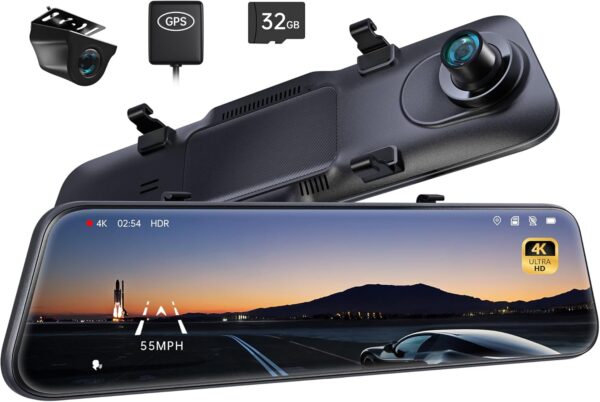 Pelsee P12 Pro 4K Mirror Dash Cam, 12'' Rear View Mirror Camera Smart Driving Assistant w/ADAS and BSD,2160P Front and 1080P Rear Camera,Voice Control,Night Vision,Parking Monitoring, 32G Memory Card