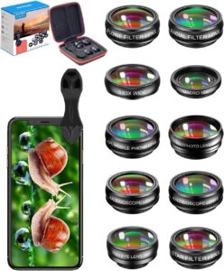 Read more about the article 10 in 1 Cell Phone Camera Lens Kit, Wide Angle Lens & Macro Lens+Fisheye Lens+Telephoto Lens+CPL/Flow/Radial/Star Filter+Kaleidoscope 3/6 Lens for iPhone Samsung Sony and Most of Smartphone