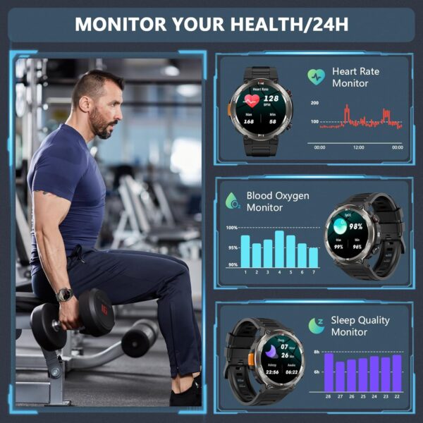 Military Smart Watch for Men, 100 Days Battery/Led Flashlight/Compass/2 Straps/IP68 Waterproof Smart Watches for Men, Tactical Smart Watch Outdoor, Answer/Make Calls Fitness Tracker for iPhone/Android - Image 6