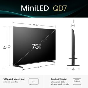 Hisense 75″ Class QD7 Series Mini-LED 4K UHD Smart Fire TV (75QD7QF, 2025 Model) – QLED, Native 144hz, HDR10+, Dolby Vision, Dolby Atmos, Game Mode Pro, ALLM, Alexa Built in with Voice Remote, Black