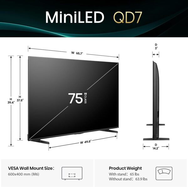 Hisense 75" Class QD7 Series Mini-LED 4K UHD Smart Fire TV (75QD7QF, 2025 Model) - QLED, Native 144hz, HDR10+, Dolby Vision, Dolby Atmos, Game Mode Pro, ALLM, Alexa Built in with Voice Remote, Black - Image 2
