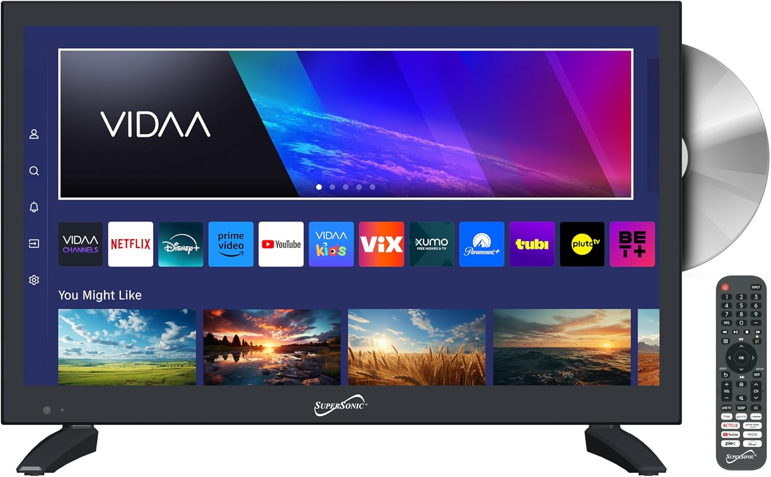Supersonic SC-1926DVD 19-inch LED Smart HDTV w/DVD Player, 3X HDMI, 1080p, WiFi, USB, AC/DC Compatible for Home, Kitchen, or RV Camper, DC Car Cord Included (SC-1926SDVD –19” Smart TV/DVD Combo)