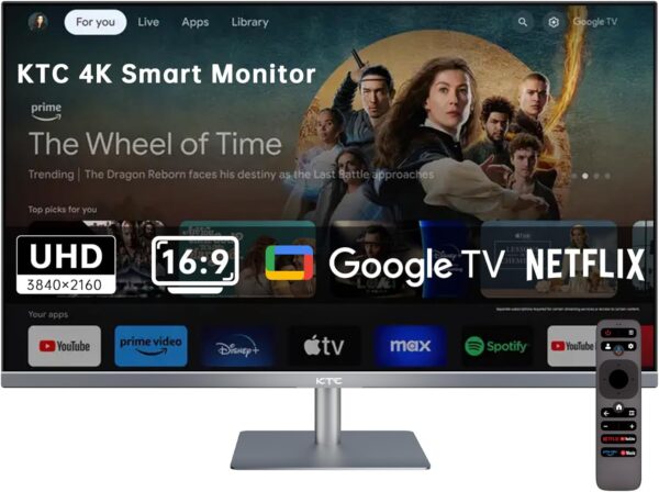 KTC 32 Inch 4K Smart Monitor, Google System UHD (3840x 2160) Smart Monitor with Speakers, Netflix Licensed, Type-C 65W PD, WirelessDisplay, HDR, Bluetooth, Hey Google Voice Remot, VESA Support, A32Q8