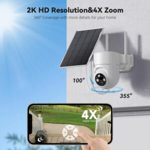 Solar Camera Outdoor Wireless, 2K Color Night Vision, Security Cameras Wireless Outdoor with 360°View, 4X Zoom, Battery Powered, 2.4GHz WiFi Solar Camera, PIR Alarm, IP65 Weatherproof